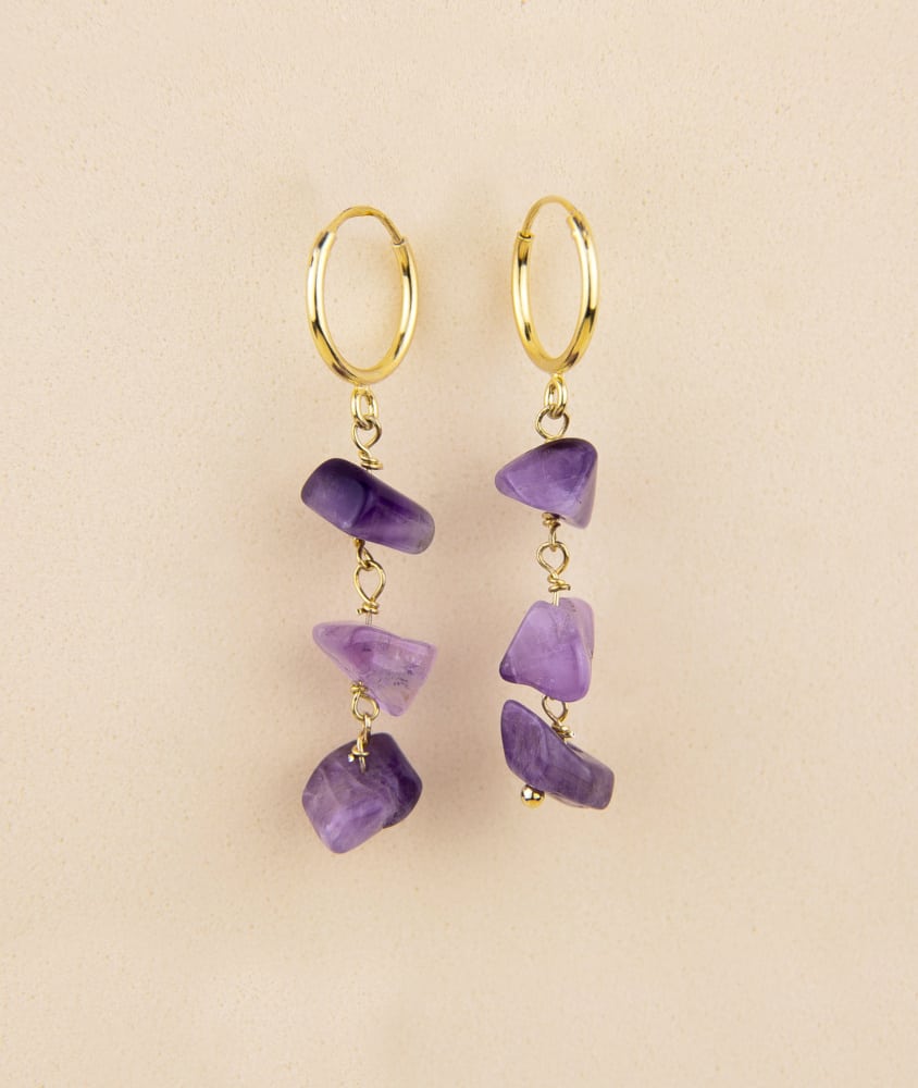 Pendientes oro largos piedra amatista Purple